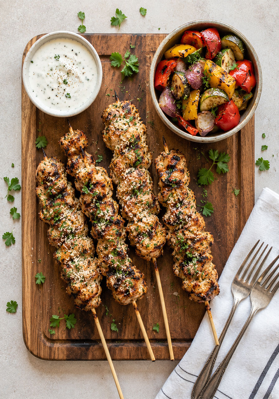 Grilled chicken skewers served with ranch dip and grilled vegetables on a wooden board