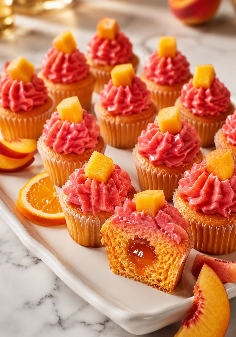 Sex on the Beach mini cupcakes with cranberry frosting and peach vodka filling, one cut open to show the boozy center, on a white serving platter