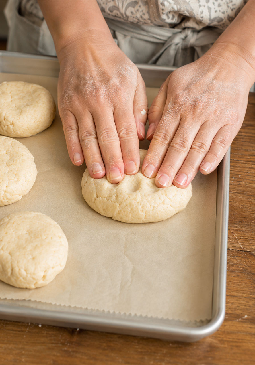 Pressing old fashioned tea cake dough by hand with fingertips onto baking sheet