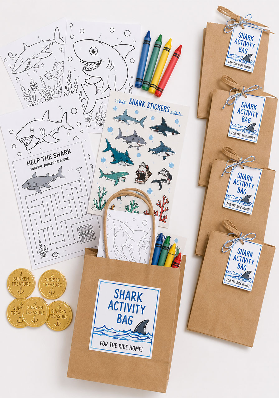Shark activity bag contents including coloring pages crayons shark stickers maze and sunken treasure chocolates for kids shark birthday party favor