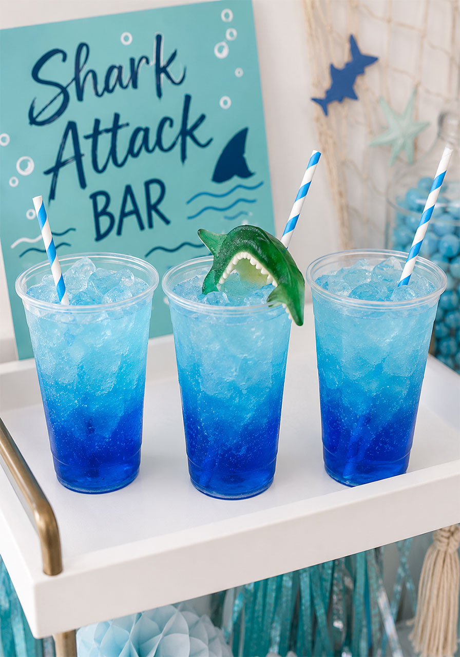 Shark attack blue layered mocktail with gummy shark for an under the sea kids birthday party drink