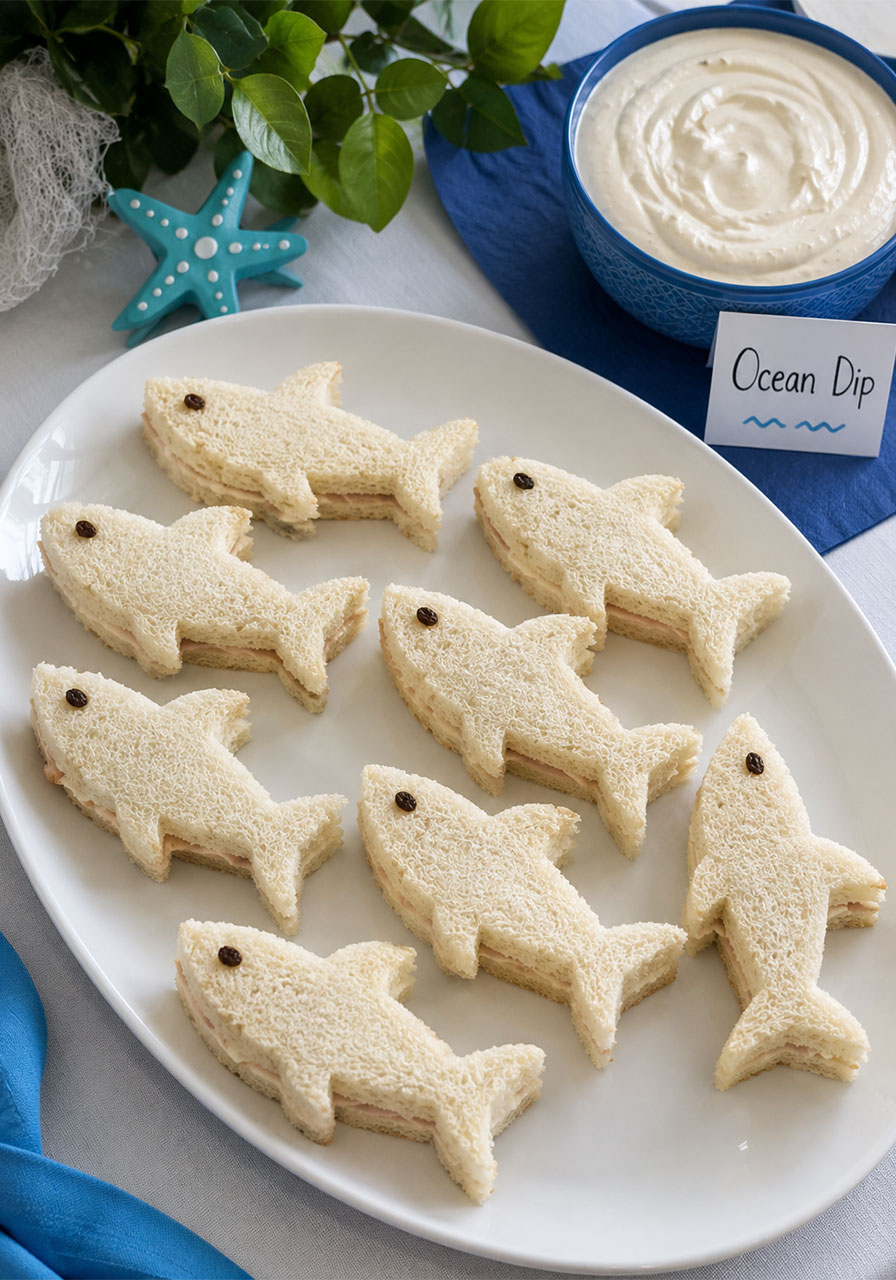 Shark shaped sandwiches on white platter with raisin eyes and Ocean Dip cream cheese for kids shark birthday party food