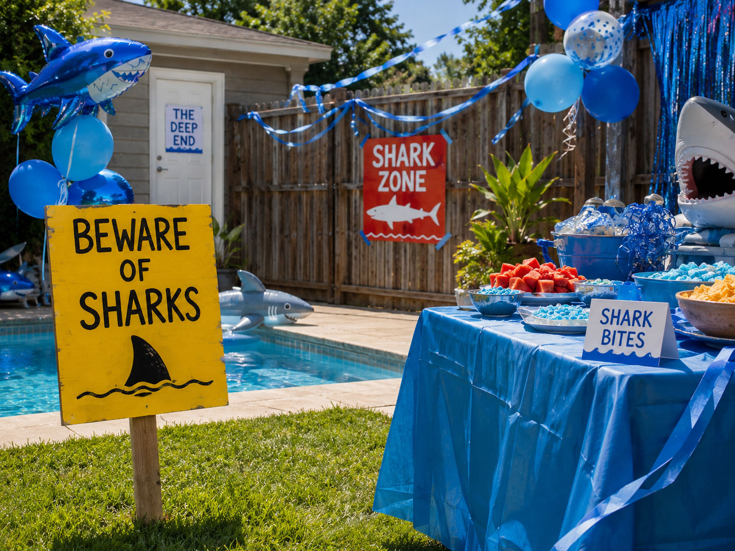 Shark attack warning signs including Beware of Sharks Shark Zone and Shark Bites labels decorating a kids outdoor shark birthday party