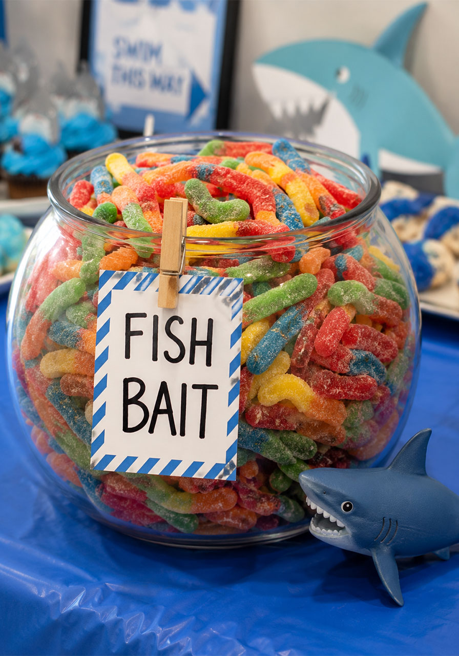 Glass fish bowl filled with colorful sour gummy worms labeled Fish Bait with plastic shark figurine for kids shark party snack table