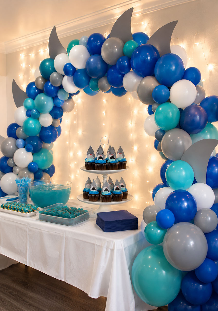 Blue teal and gray shark balloon arch with shark fin cutouts above kids shark birthday party dessert table