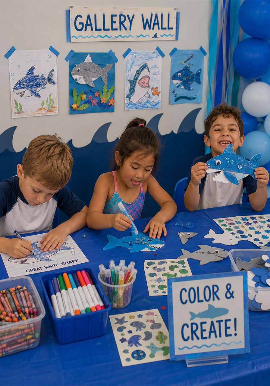Kids coloring shark pages and decorating foam shark crafts at shark coloring station with gallery wall display at kids birthday party