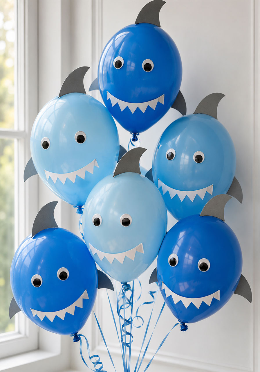 DIY shark fin balloon decorations for kids shark birthday party with gray fins, googly eyes, and white teeth details