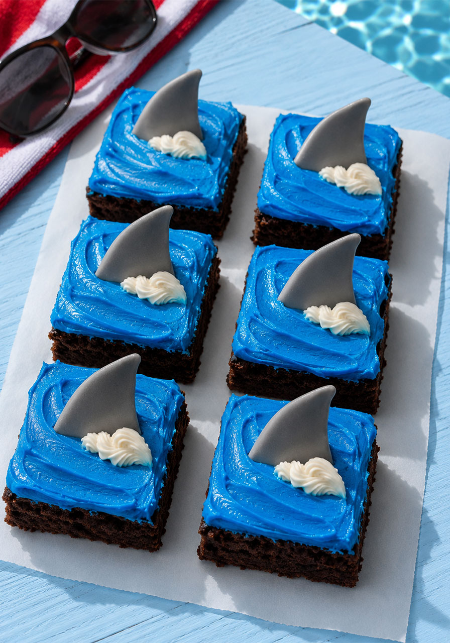 Square brownies decorated with blue frosting and fondant shark fins