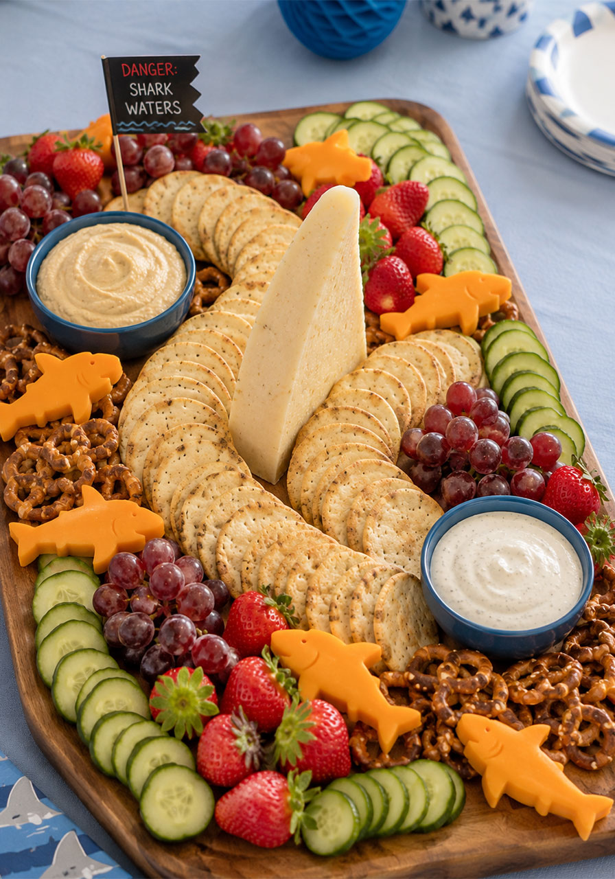 Shark fin cheese board with upright cheddar fin crackers dip and shark shaped cheese pieces for kids shark themed birthday party appetizer