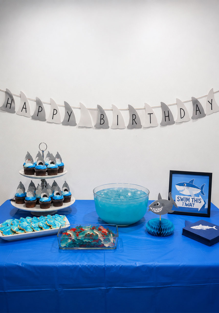 DIY shark fin garland spelling Happy Birthday in gray and white card stock fins hung above kids shark party dessert table