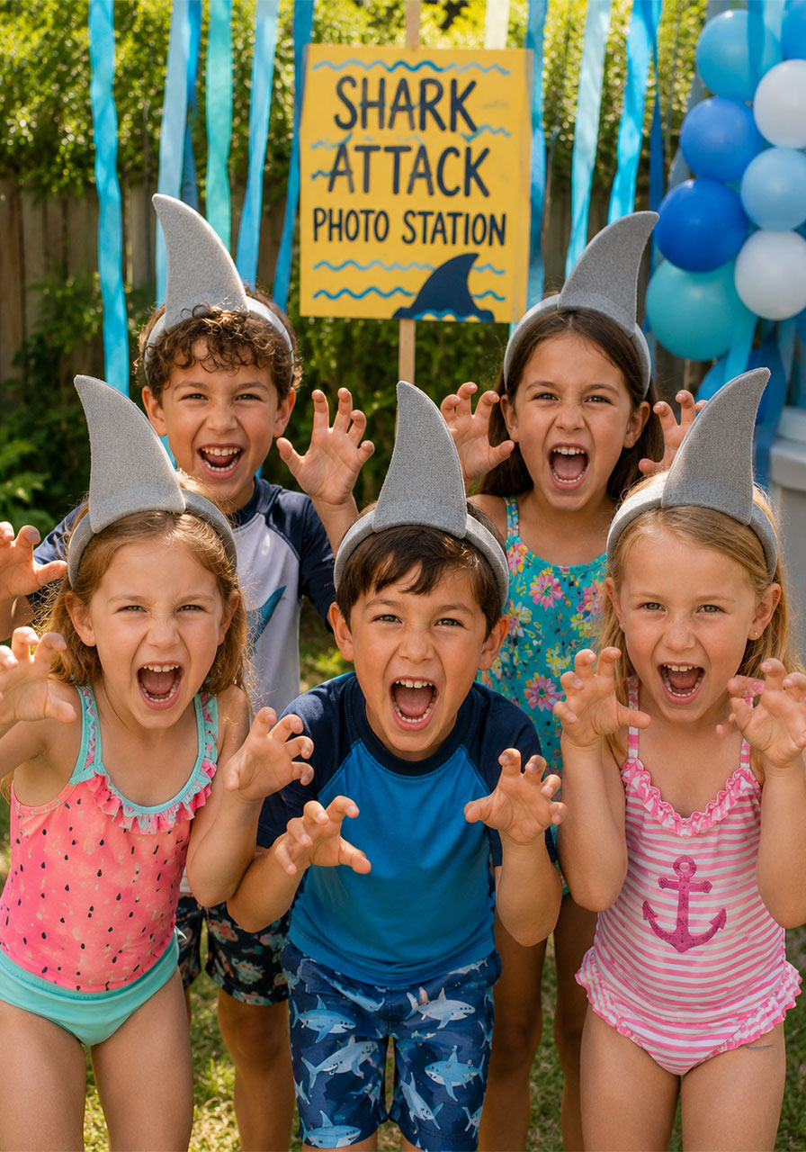 Group of five kids wearing DIY gray shark fin hats at shark attack photo station at kids shark themed birthday party