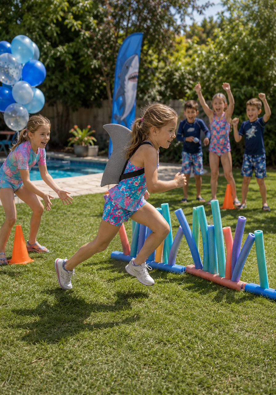 Kids playing shark fin relay race in backyard with wearable shark fins and cone obstacle course at outdoor shark birthday party