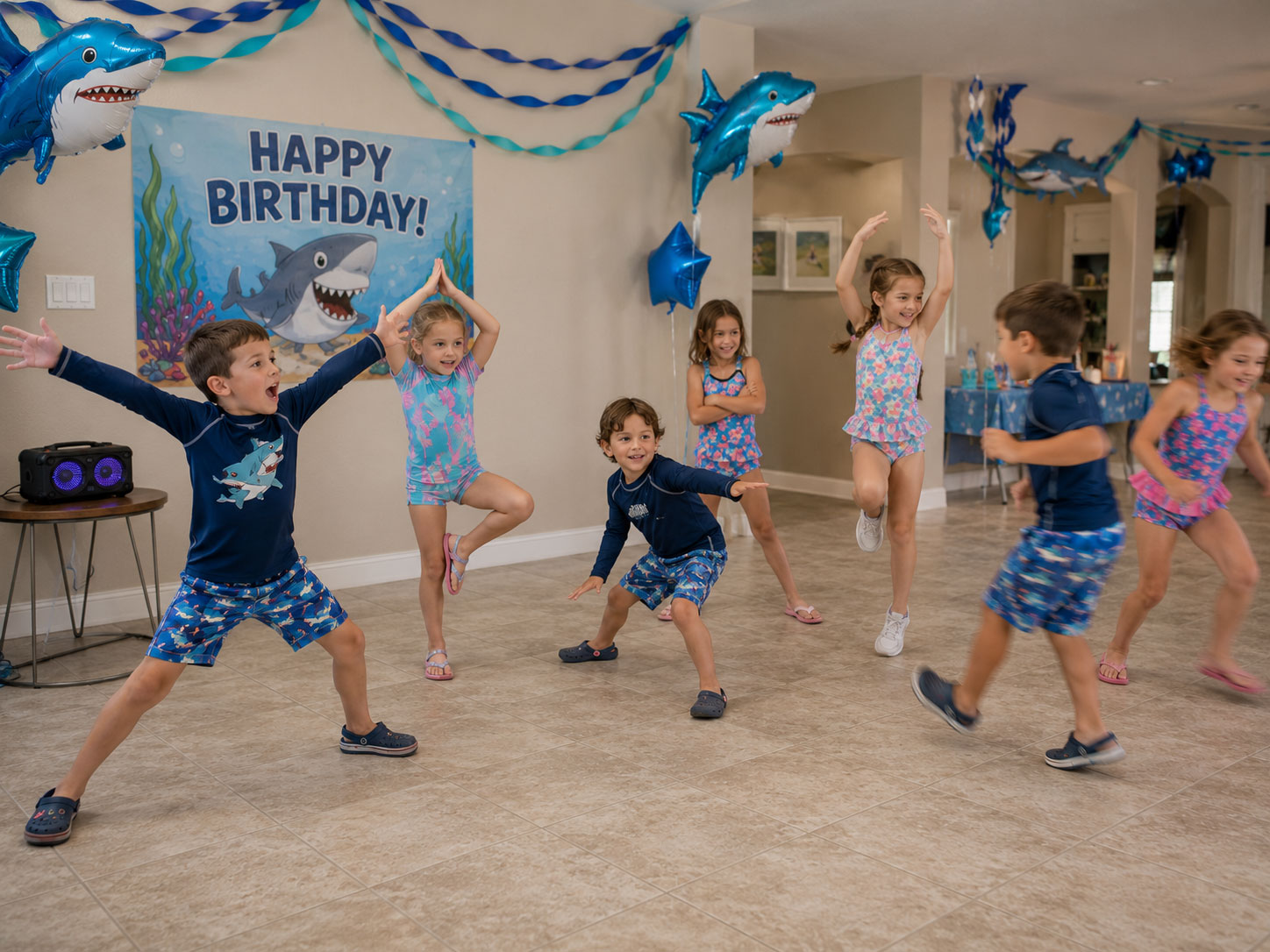 Kids playing shark freeze dance game with funny frozen poses in decorated living room at indoor kids shark birthday party