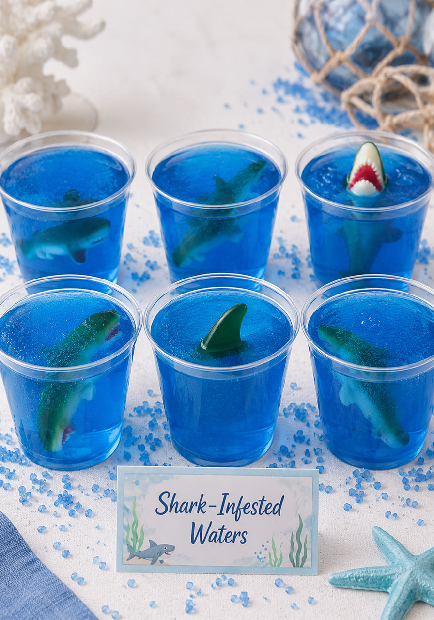 Blue Jell-O cups with gummy shark fins for an under the sea kids birthday party dessert
