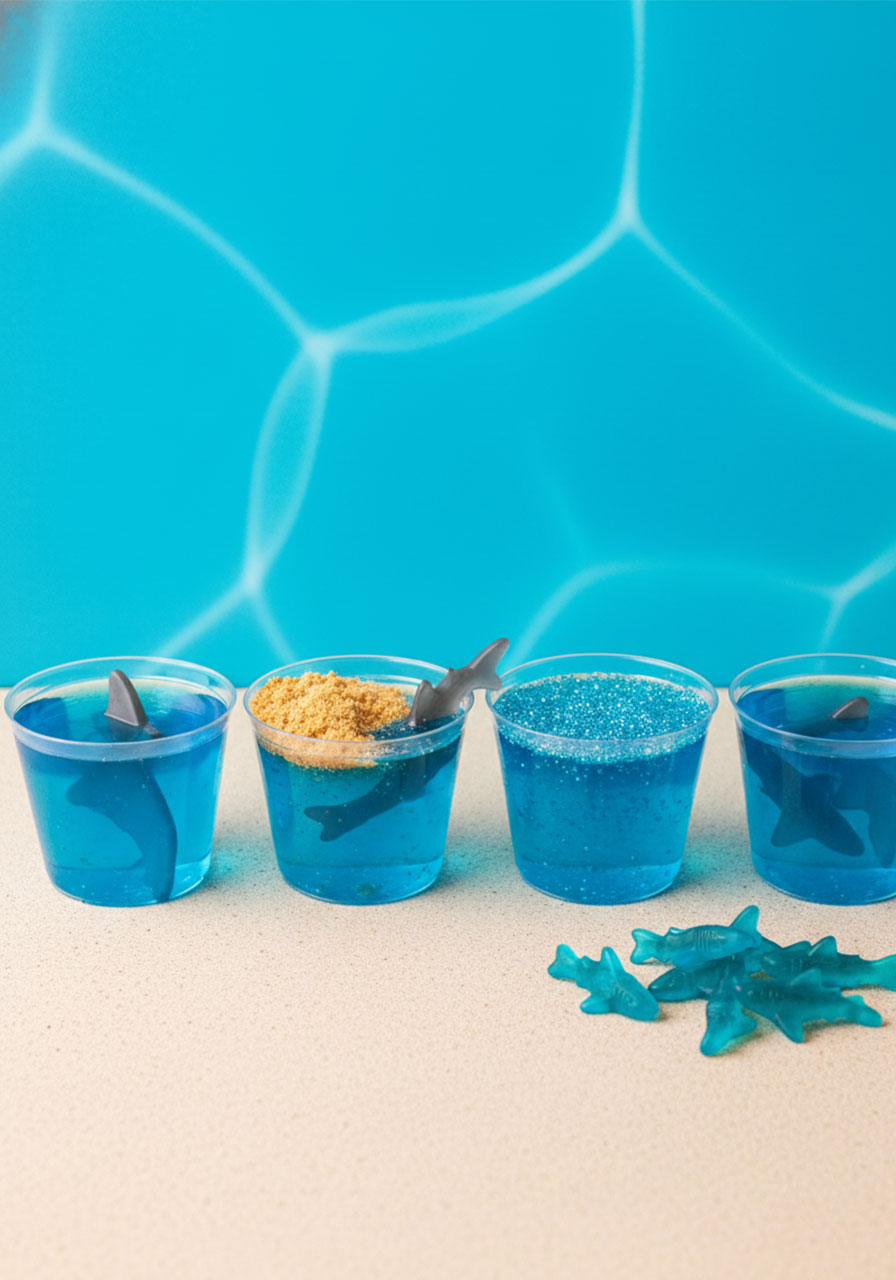 Shark-themed blue Jello cups with gummy sharks and graham cracker sand — fun easy pool party snack for kids