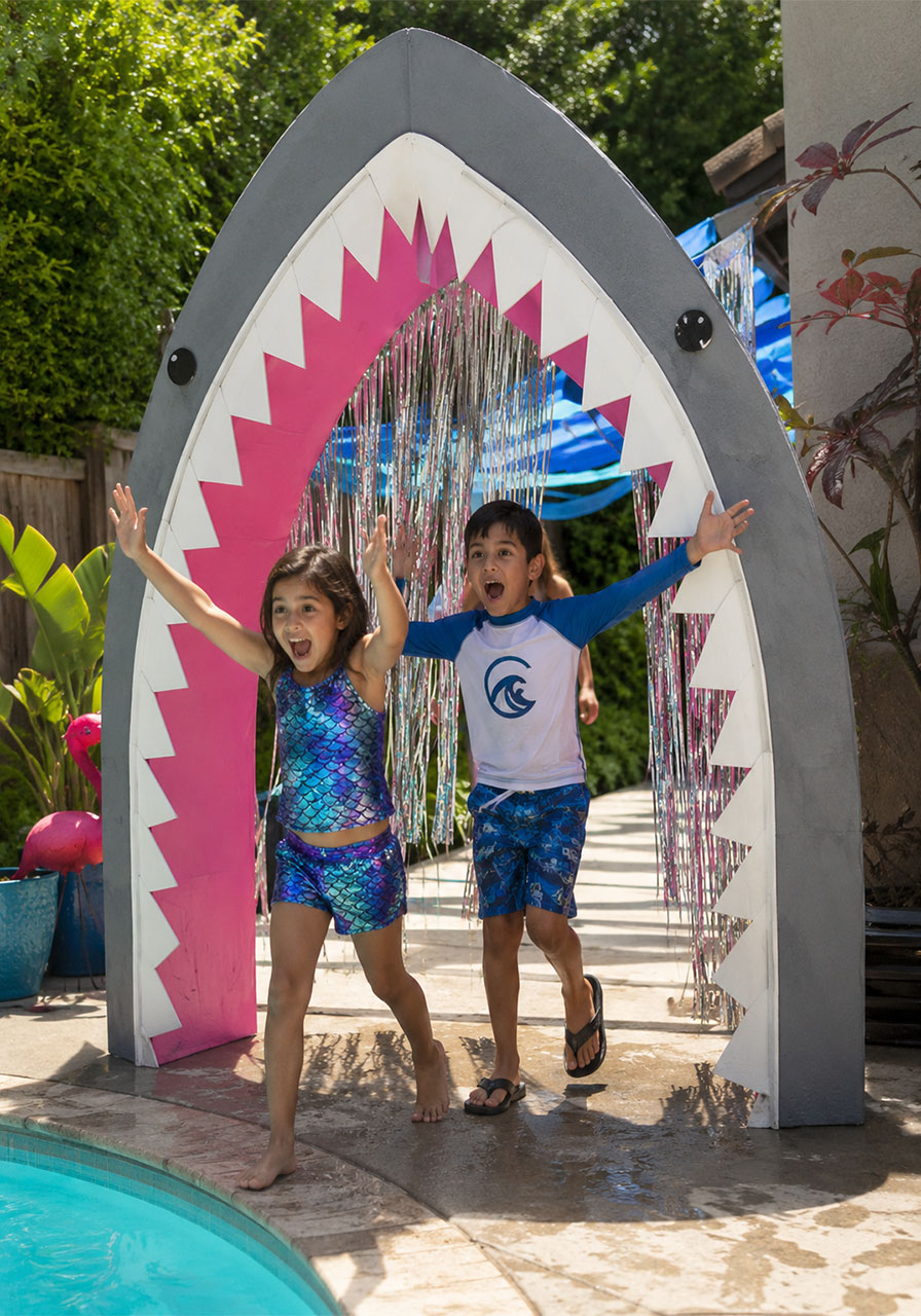 DIY cardboard shark mouth entrance decoration for kids shark birthday party with white teeth and foil curtain