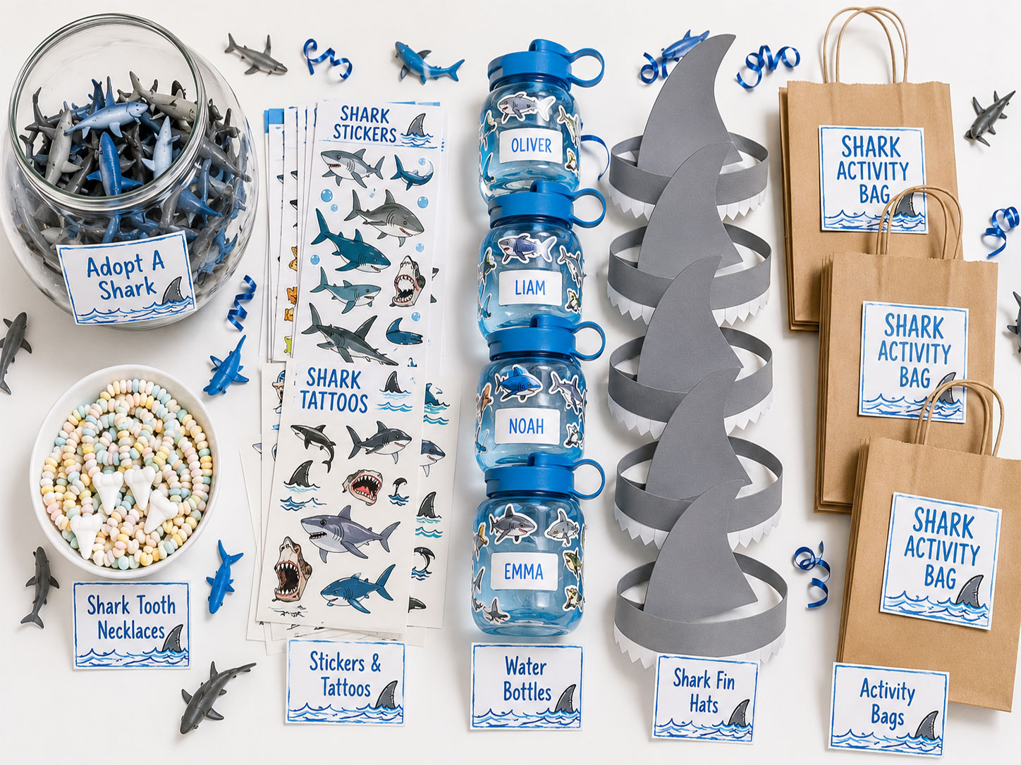Shark party favor ideas display including adopt a shark bowl candy necklaces stickers water bottles and activity bags for kids birthday party