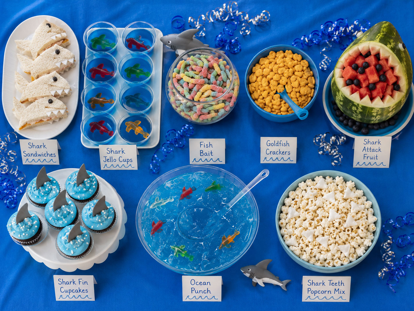 Complete shark party food table spread including shark sandwiches jello cups fish bait gummy worms watermelon shark and blue ocean punch