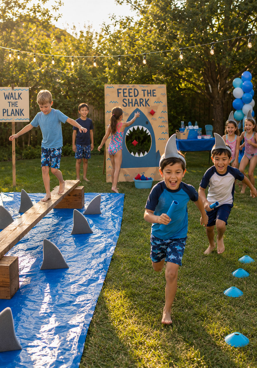 Kids shark party outdoor games area with Walk the Plank tarp Feed the Shark toss and shark relay race activities at birthday party