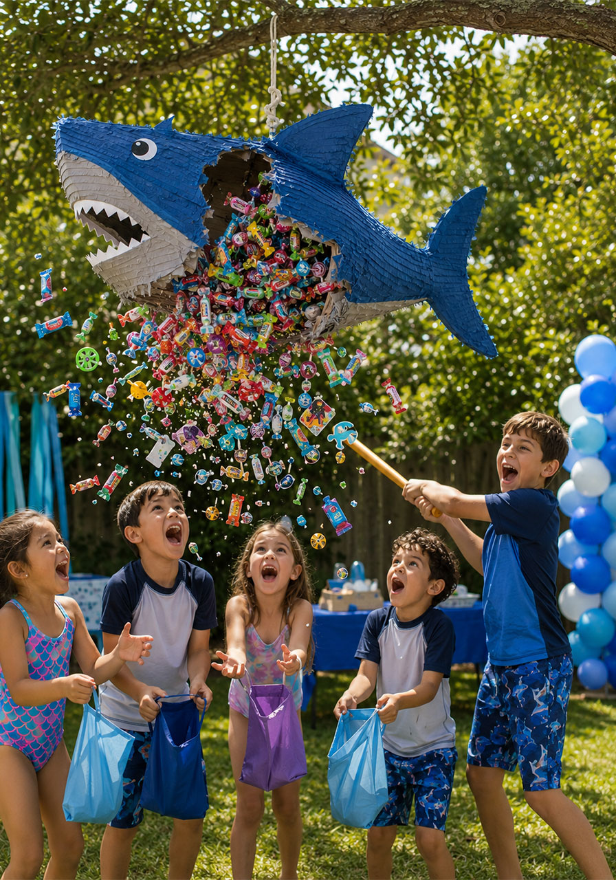 Shark pinata bursting open with candy explosion as kids reach to collect treats at outdoor kids shark themed birthday party