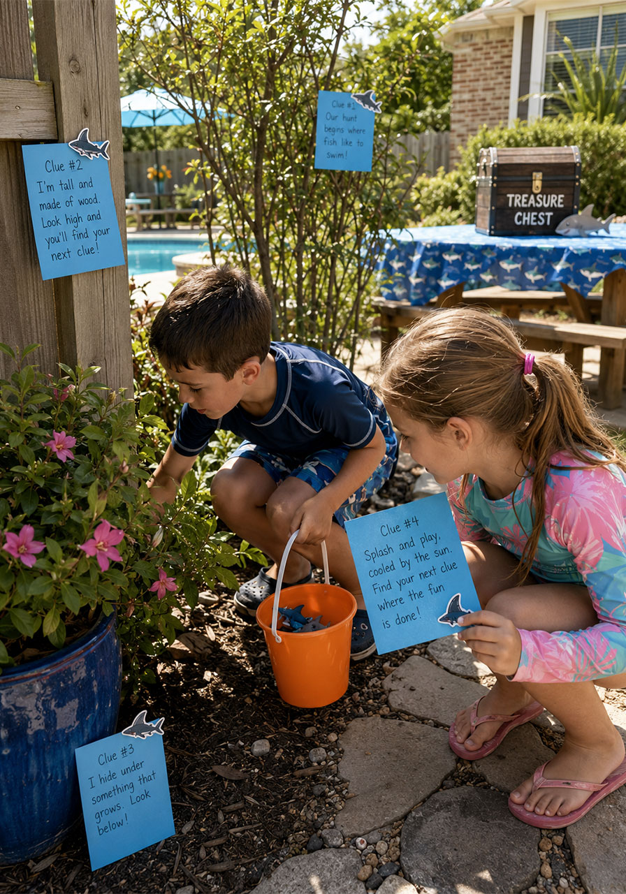 Kids searching for mini shark toys during a shark scavenger hunt at outdoor kids birthday party with clue cards and treasure chest