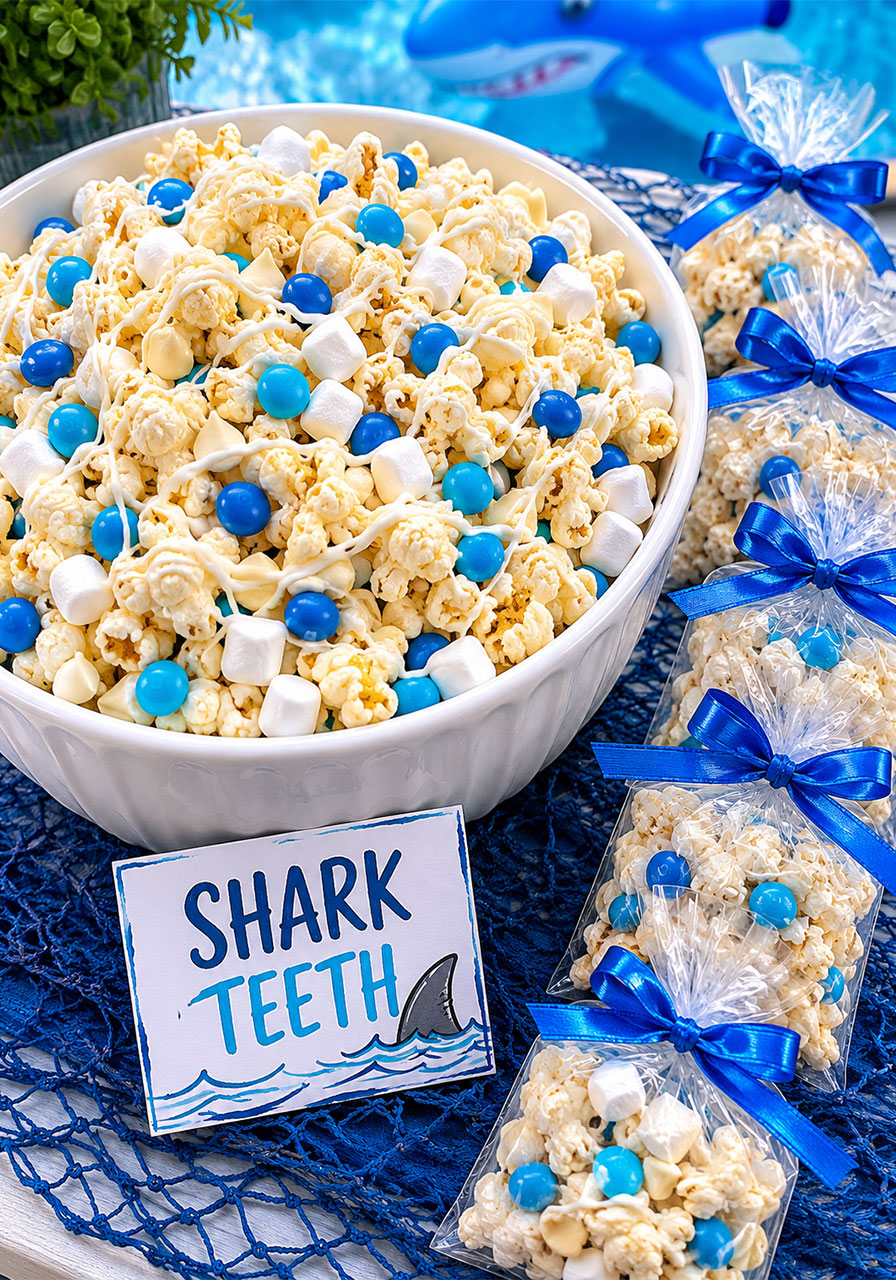 Shark teeth popcorn mix with white chocolate marshmallows and blue candy in serving bowl with individual favor snack bags for kids shark party