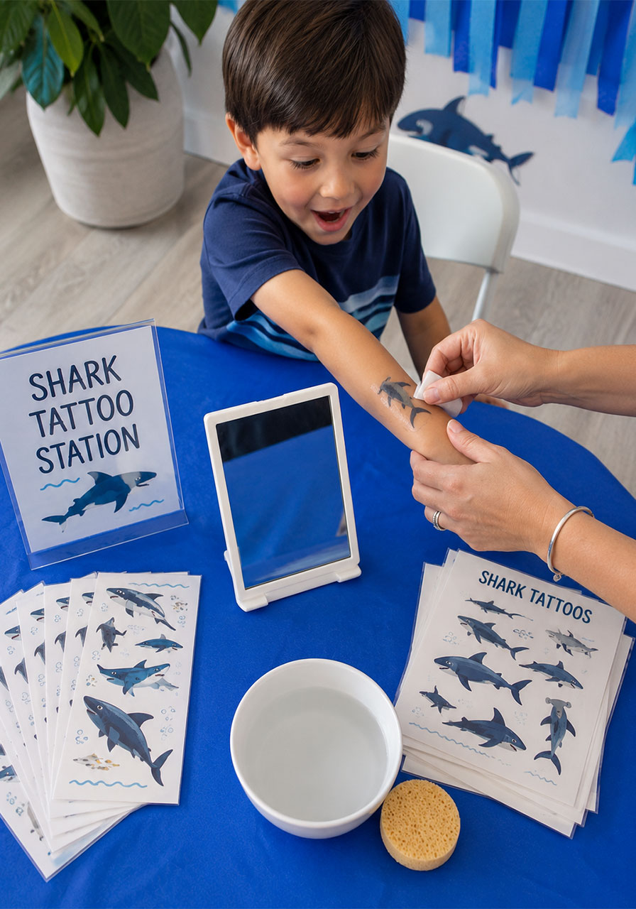 Shark themed temporary tattoo station with shark sticker sheets and adult applying shark tattoo to child's arm at kids birthday party