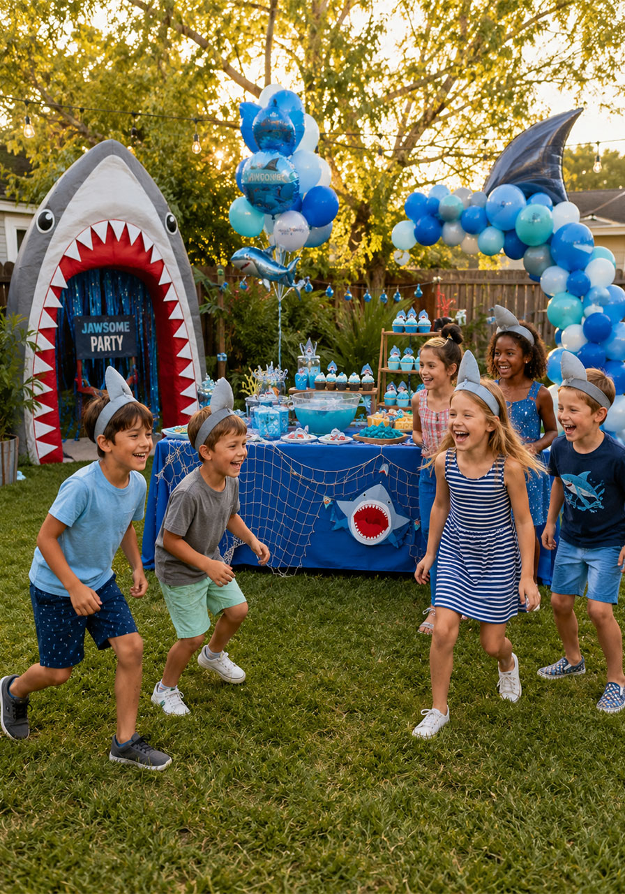 Shark themed party ideas for kids with shark mouth entrance, balloon arch, and food table in a backyard birthday party setup
