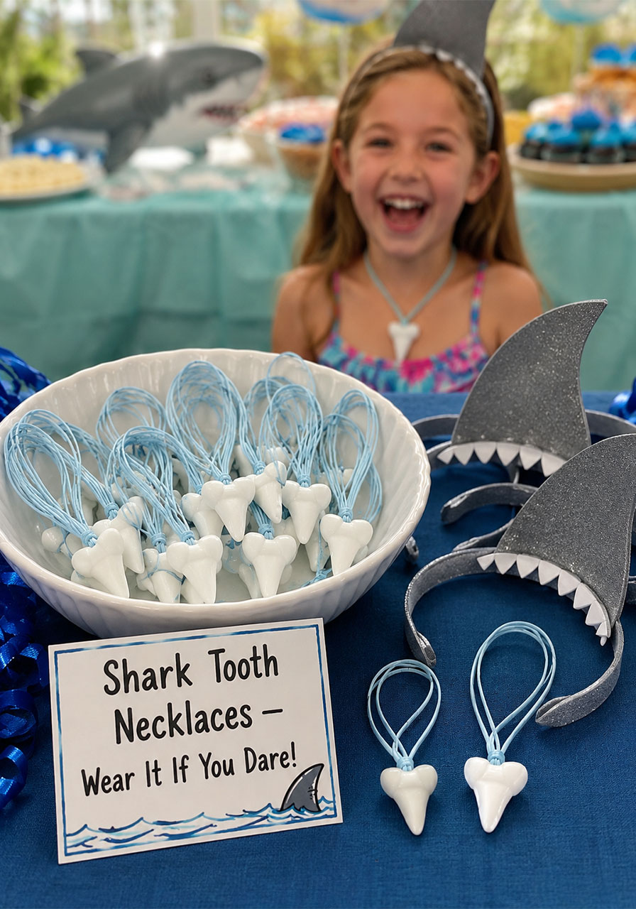 Shark tooth candy necklaces in white bowl with wear it if you dare label and shark fin headband as kids shark party favor