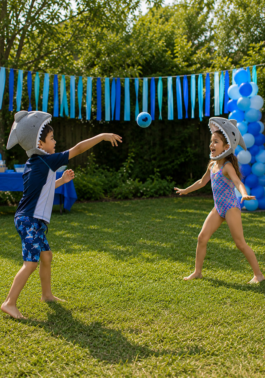 Two kids playing shark velcro ball catch game wearing shark mouth hats with ball mid-flight at outdoor kids shark birthday party