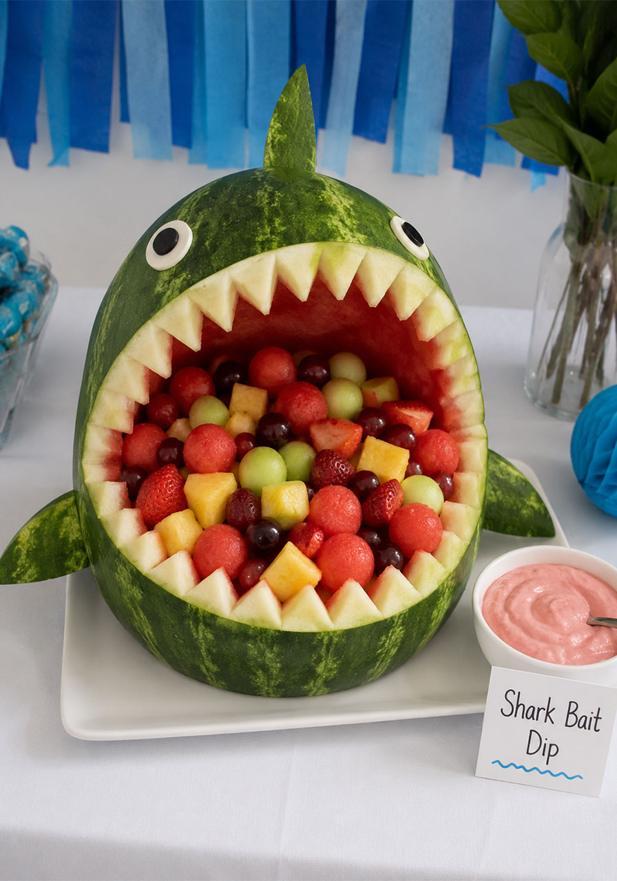 Carved watermelon shark bowl filled with colorful fruit and shark bait dip for kids shark themed birthday party food table