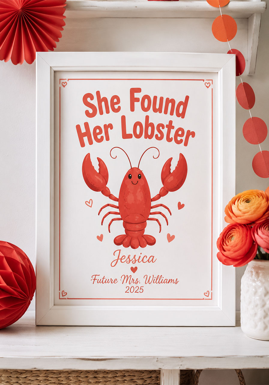 She Found Her Lobster Friends TV show themed bridal shower sign with lobster illustration in white frame