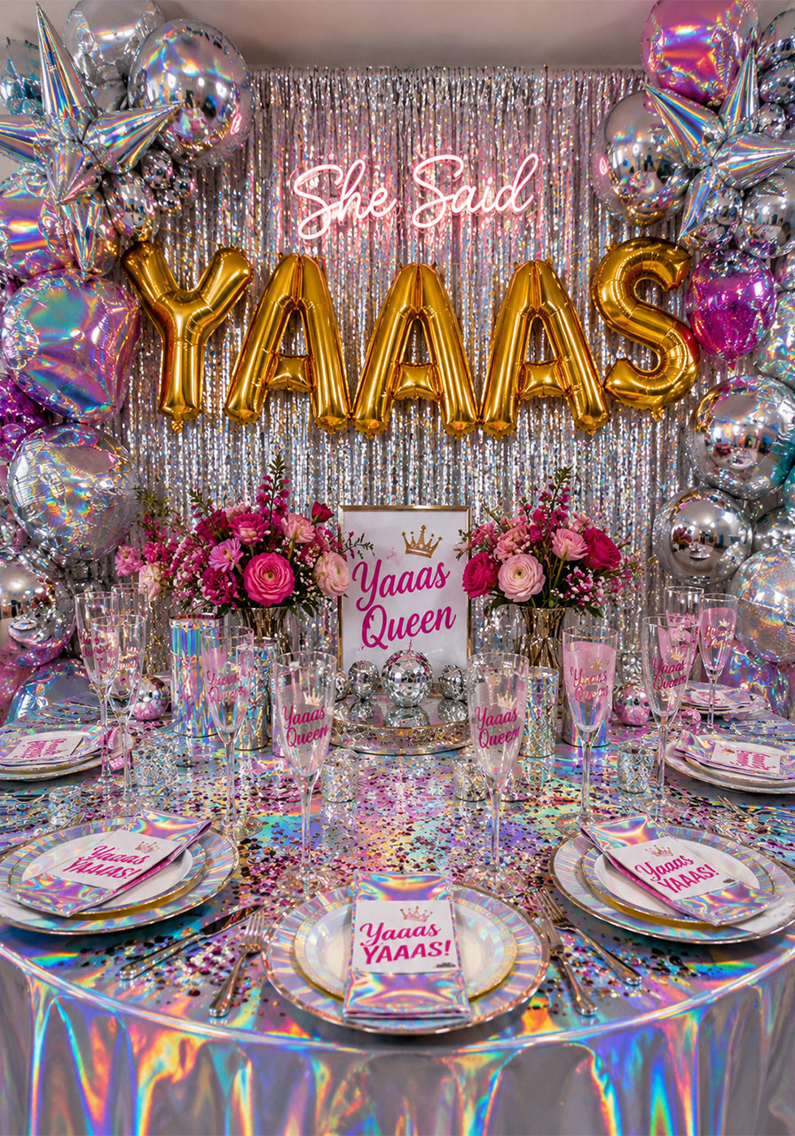 She Said Yaaas bachelorette party decorations with gold YAAAS balloons, holographic tablecloth, and confetti