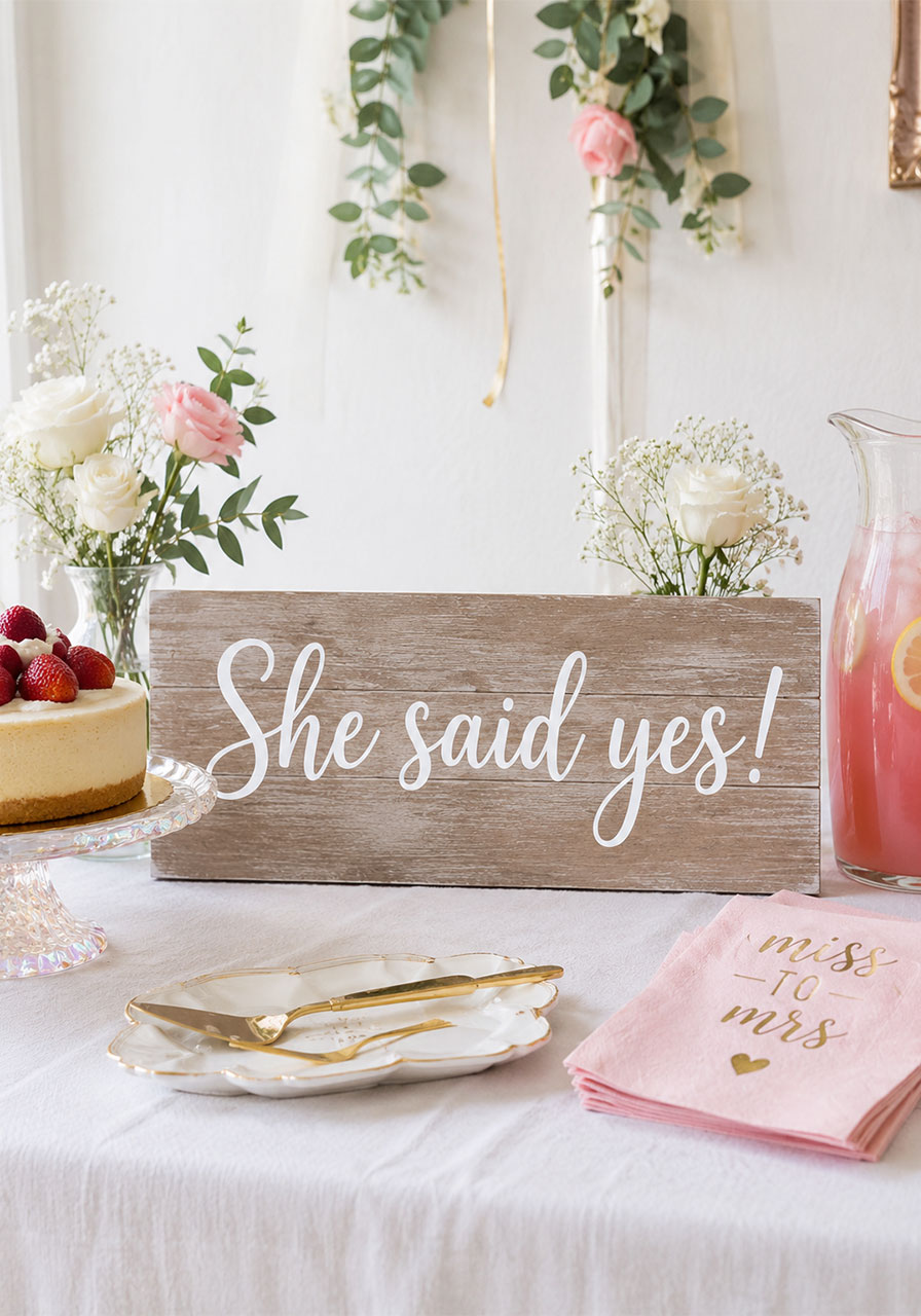 "She Said Yes" wooden sign made with Cricut white adhesive vinyl — DIY bridal shower dessert table decoration