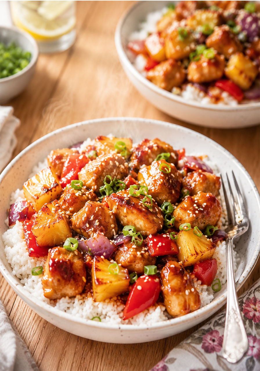 Sheet pan Hawaiian chicken with pineapple and peppers served over fluffy jasmine rice in a white bowl