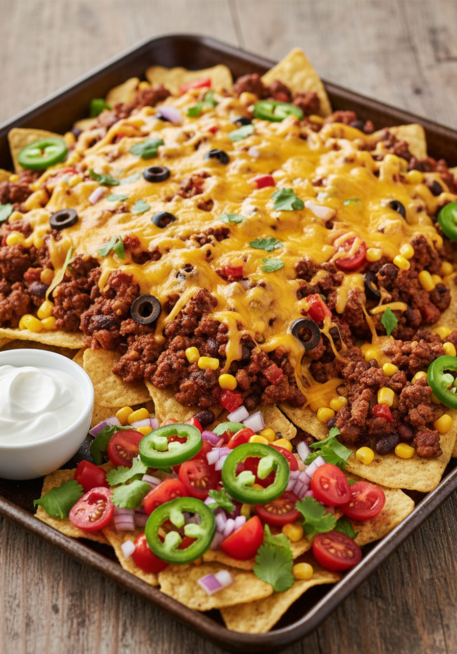 Loaded sheet pan nachos with beef, cheese, and fresh toppings — easy crowd-pleasing pool party finger food for kids