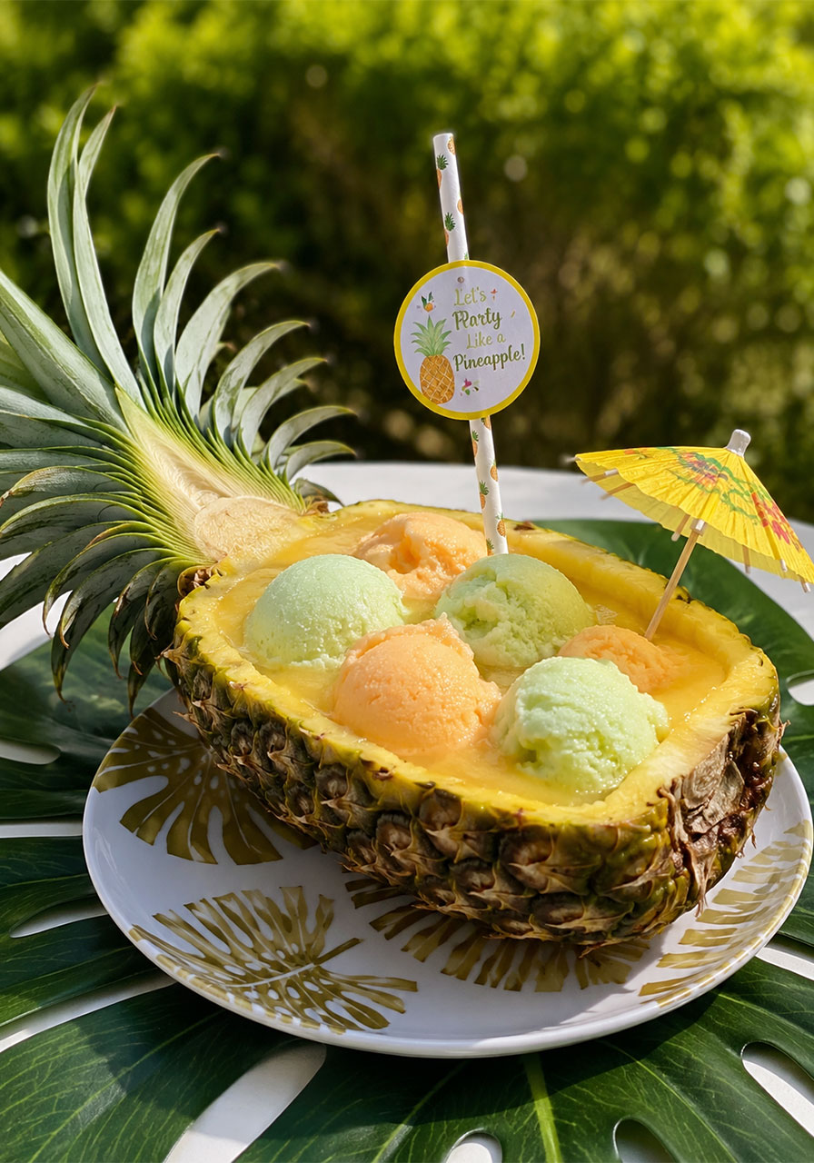Sherbet punch served in a hollowed pineapple half as a fun birthday party snack bar drink station idea