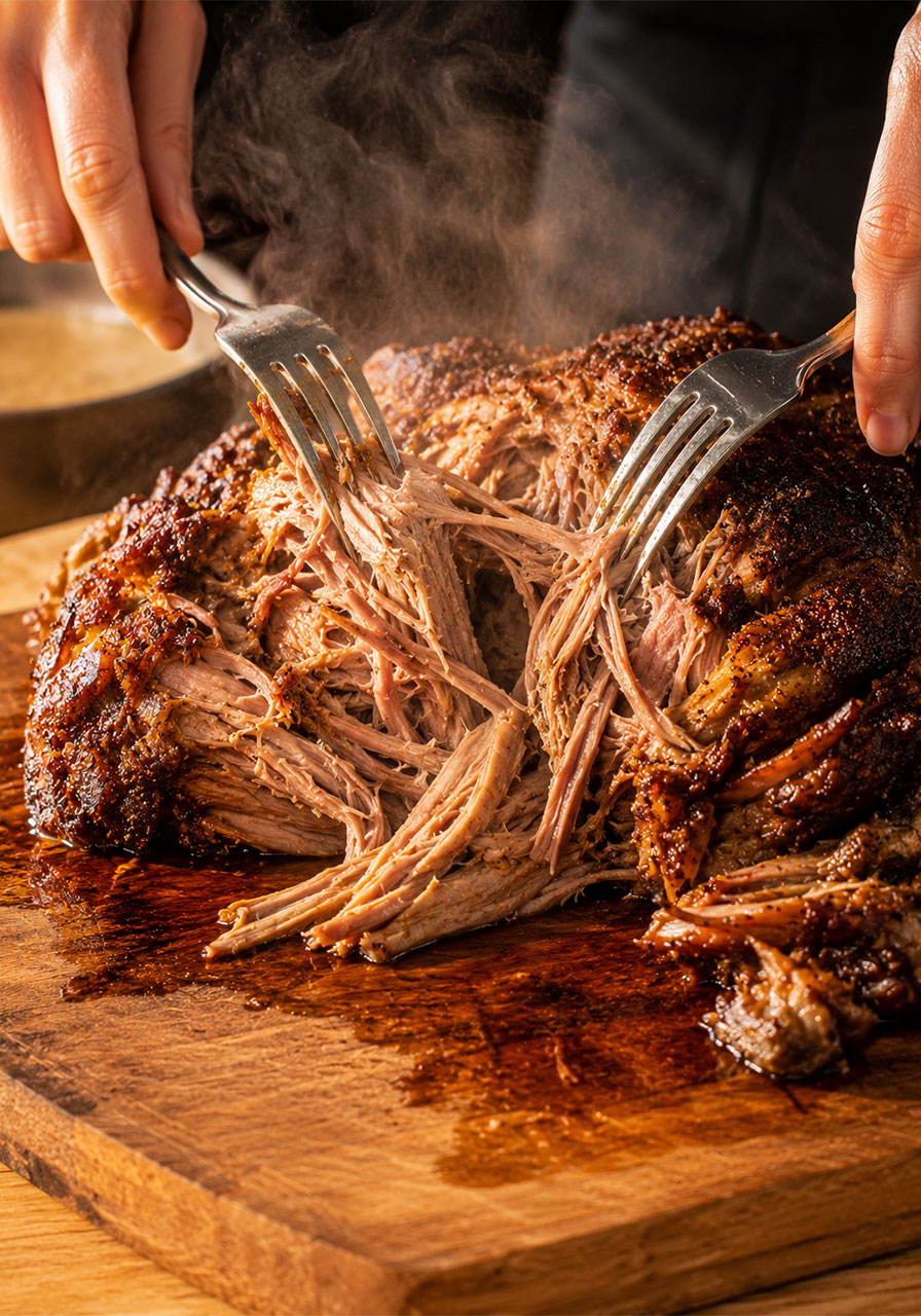 Two forks actively shredding fall-apart tender slow-cooked pork shoulder on a wooden cutting board, pulled pork strands separating with visible steam and juices