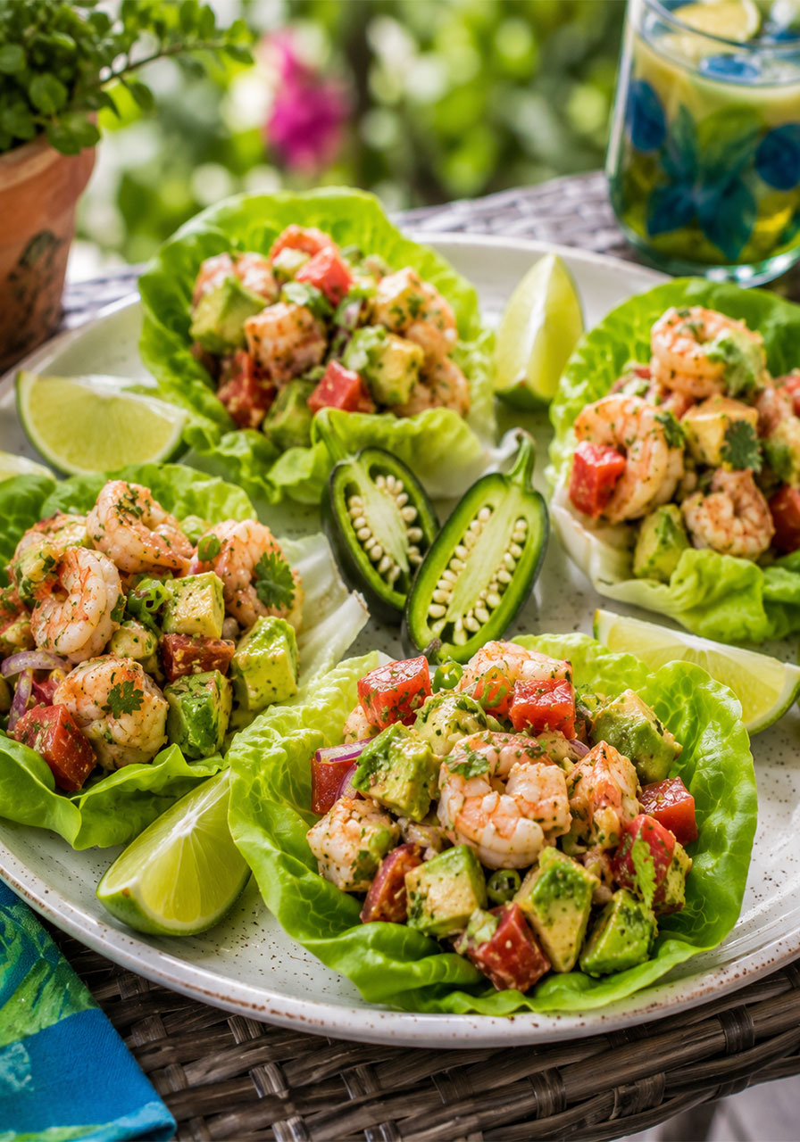 Shrimp avocado salad with jalapeño and lime served in Bibb lettuce cups, a vibrant no-cook summer party recipe