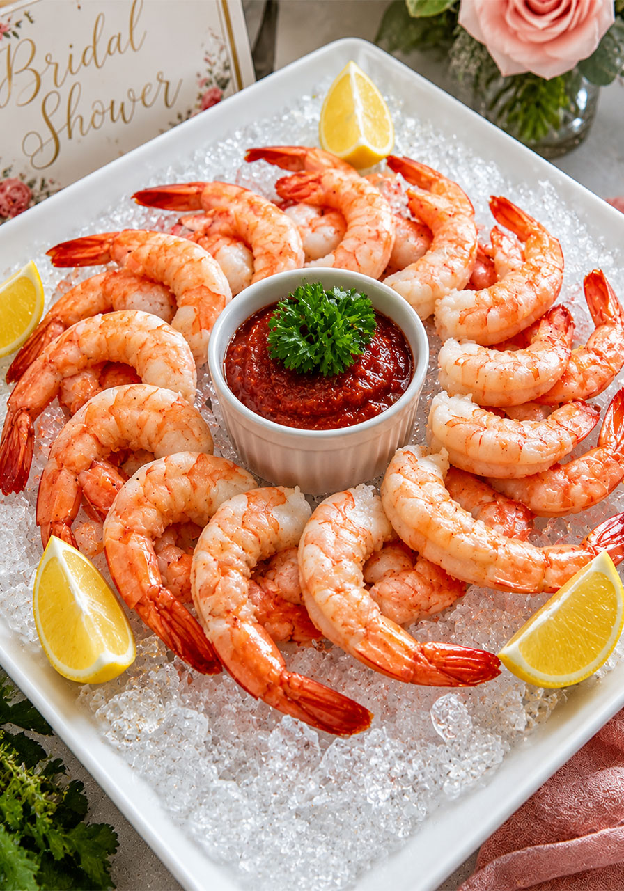 Elegant shrimp cocktail arranged on crushed ice with lemon wedges and cocktail sauce for a sophisticated bridal shower appetizer