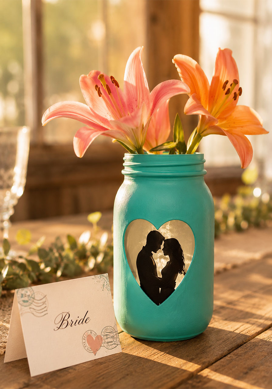 DIY painted mason jar centerpiece with Cricut couple silhouette cut in vinyl — bridal shower table decoration idea