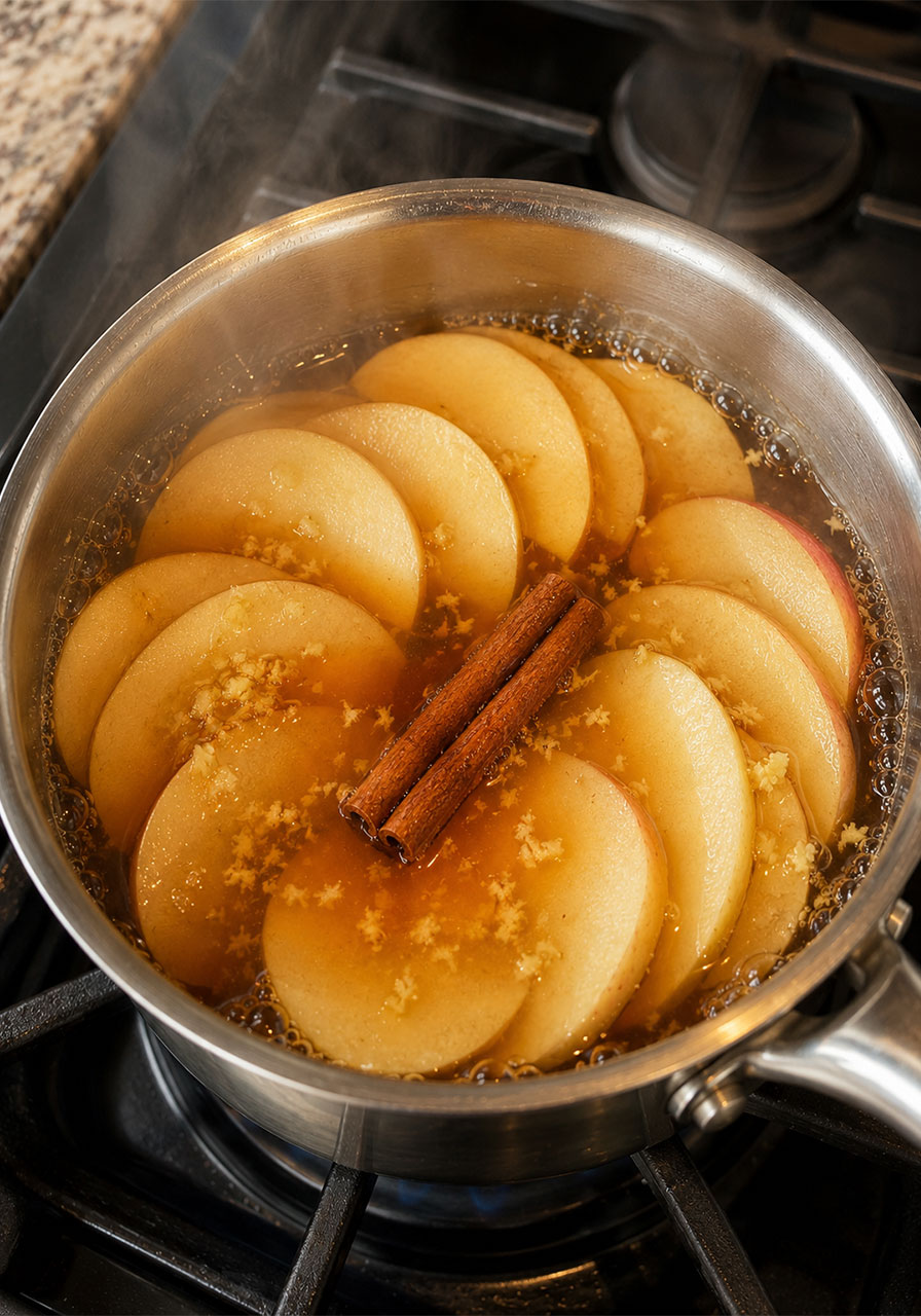 Apple slices, cinnamon sticks, and ginger simmering in brewed black tea on stovetop
