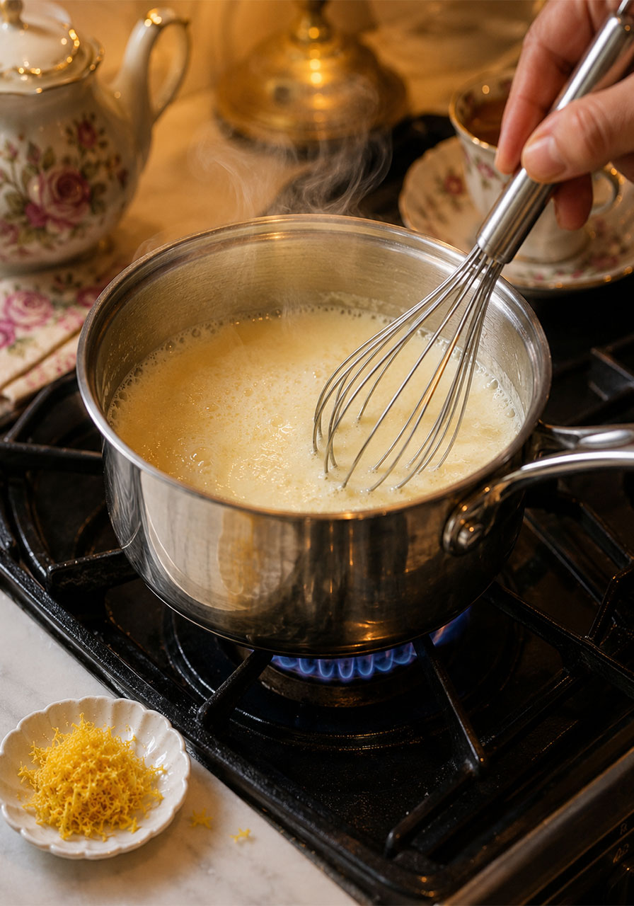 Simmering heavy cream mixture in a small saucepan on the stove for easy lemon posset recipe
