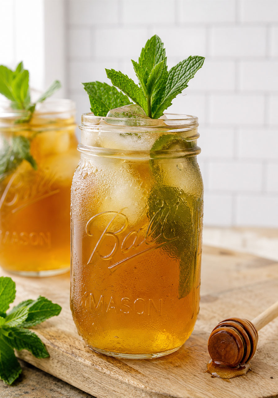 Simple honey mint green iced tea served in a mason jar with fresh mint and ice