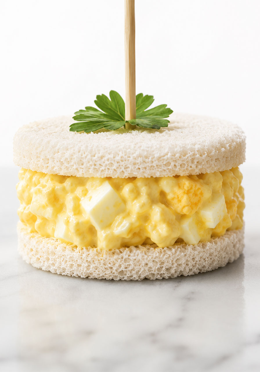 Close-up of a single round crustless egg salad tea sandwich with creamy filling and parsley garnish on a skewer
