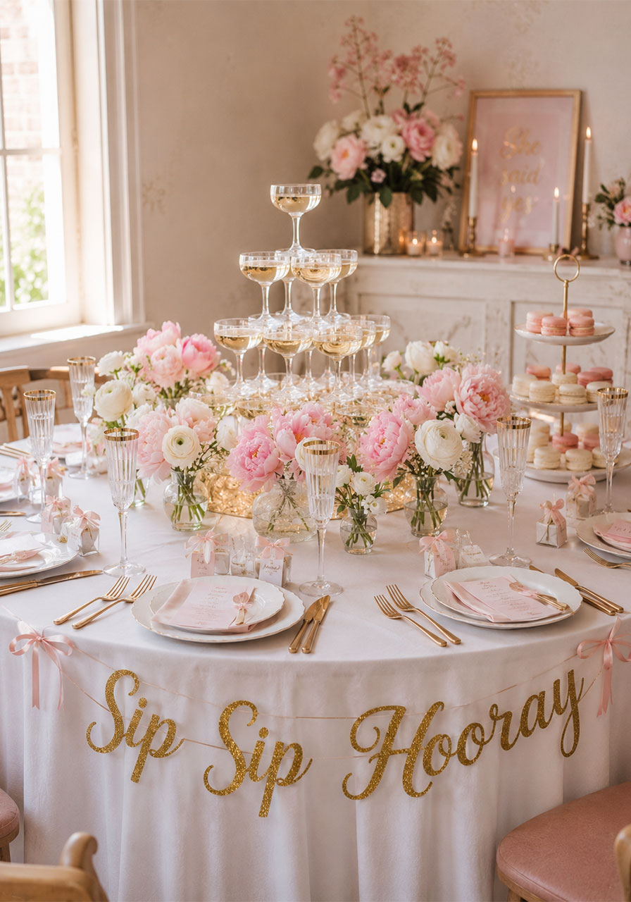 Sip Sip Hooray bachelorette party decorations with champagne tower, pink peonies, and gold-rimmed flutes