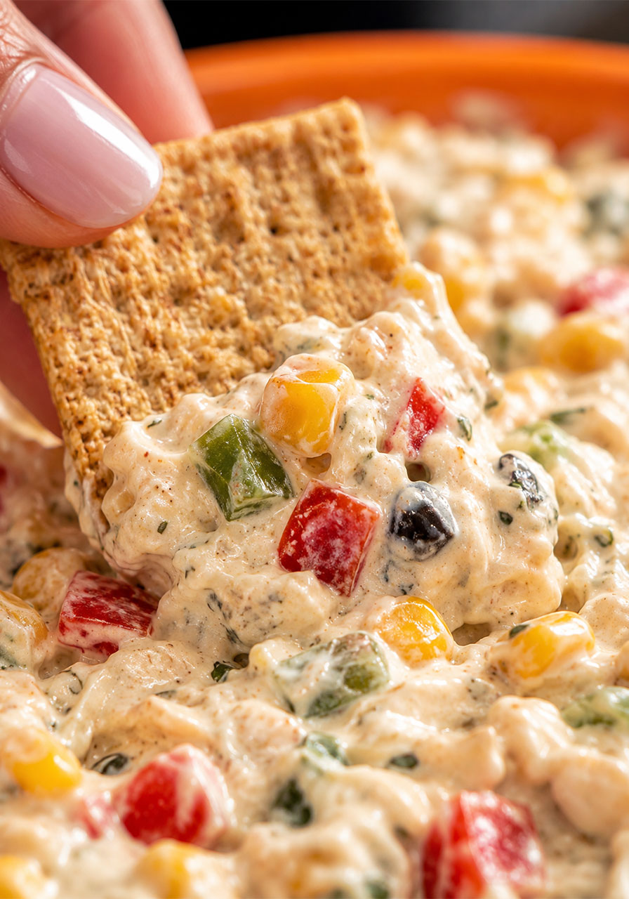 Close-up of a Wheat Thins cracker scooping a generous portion of skinny poolside dip showing creamy texture with vegetables