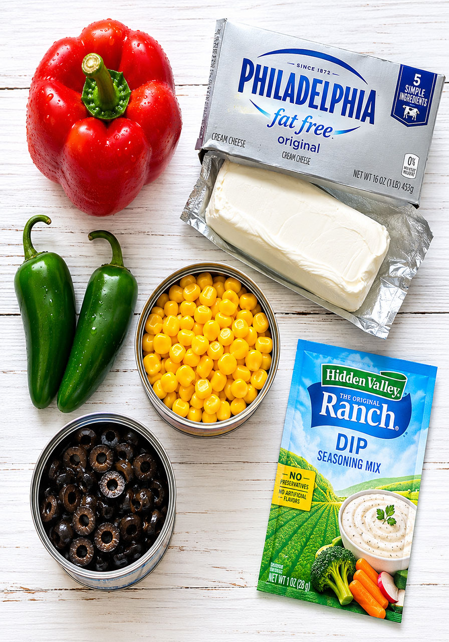 All ingredients for skinny poolside dip including fat-free cream cheese, Hidden Valley Ranch packet, red pepper, jalapeños, corn, and olives