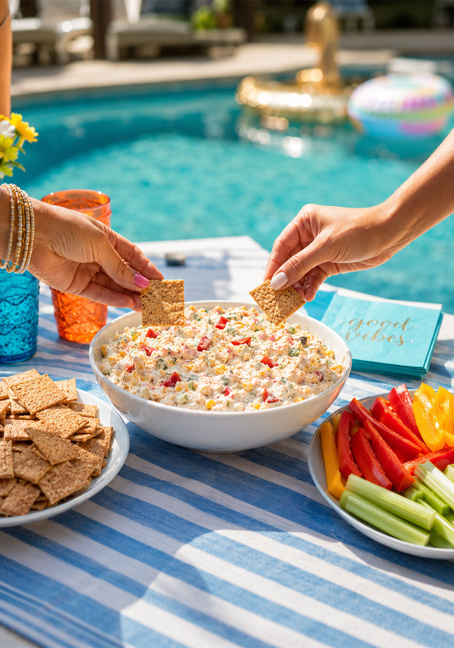Skinny poolside dip served outdoors at a pool party with crackers and veggie dippers on a snack table