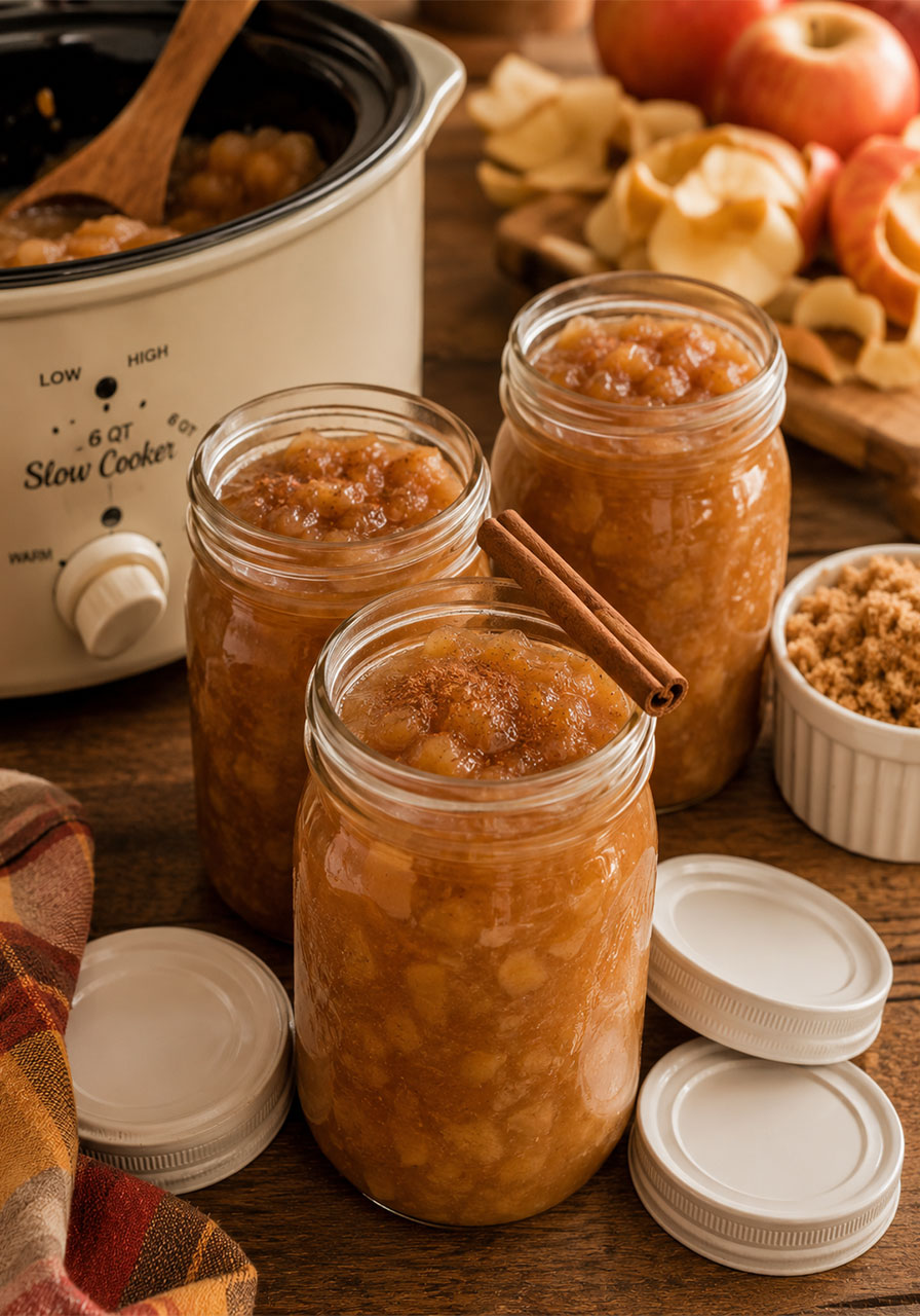 Homemade slow-cooker cinnamon applesauce in mason jars ready for camping trips